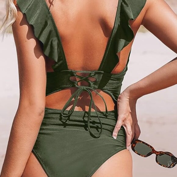 CupShe Wm's Ruffled One Piece V- Neck Lace Up Swimsuit Olive Sz Small - Picture 3 of 8